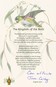 Broadside of title poem of Joan Colby's new poetry book, The Kingdom of Birds