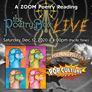 Graphics for The Poetry Box LIVE--December--book launch for The Poeming Pigeon