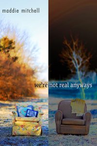 Front Book Cover of we're not real anyways, poems by maddie mitchell